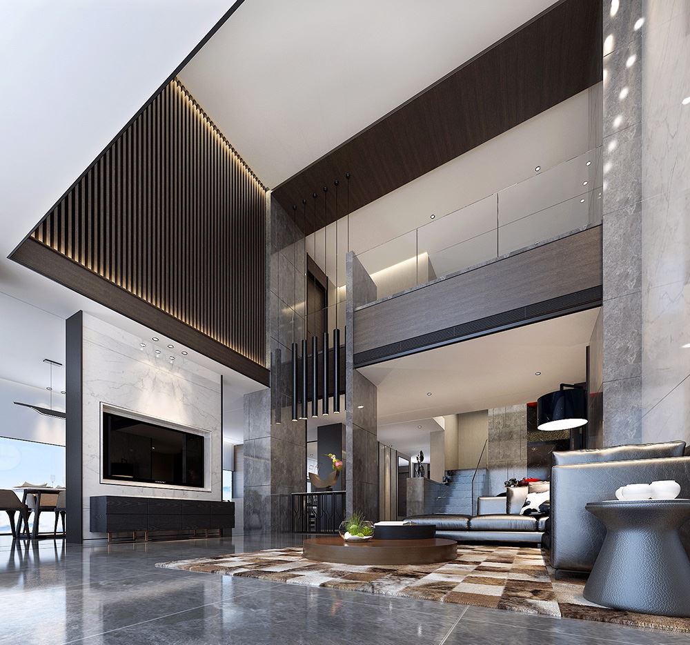 黑白灰现代简约风格室内装修效果图-南昌天湖郦都别墅420平米