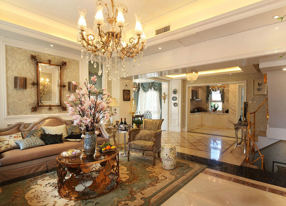 银亿上尚城别墅350平米美式乡村风格装修案例-客厅全景